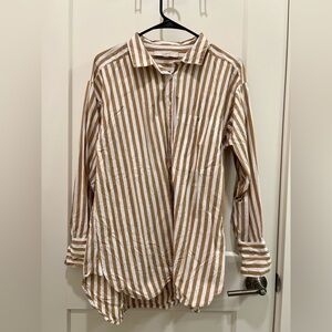 LOFT Women’s Tan and White Striped Oversized Button Down Shirt